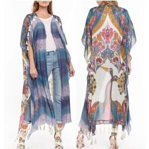 Bohemian Blue Multi-Print Fringe Kimono Cardigan